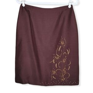 Brown Silk Embroidered Skirt W/ Wood beading Size 10